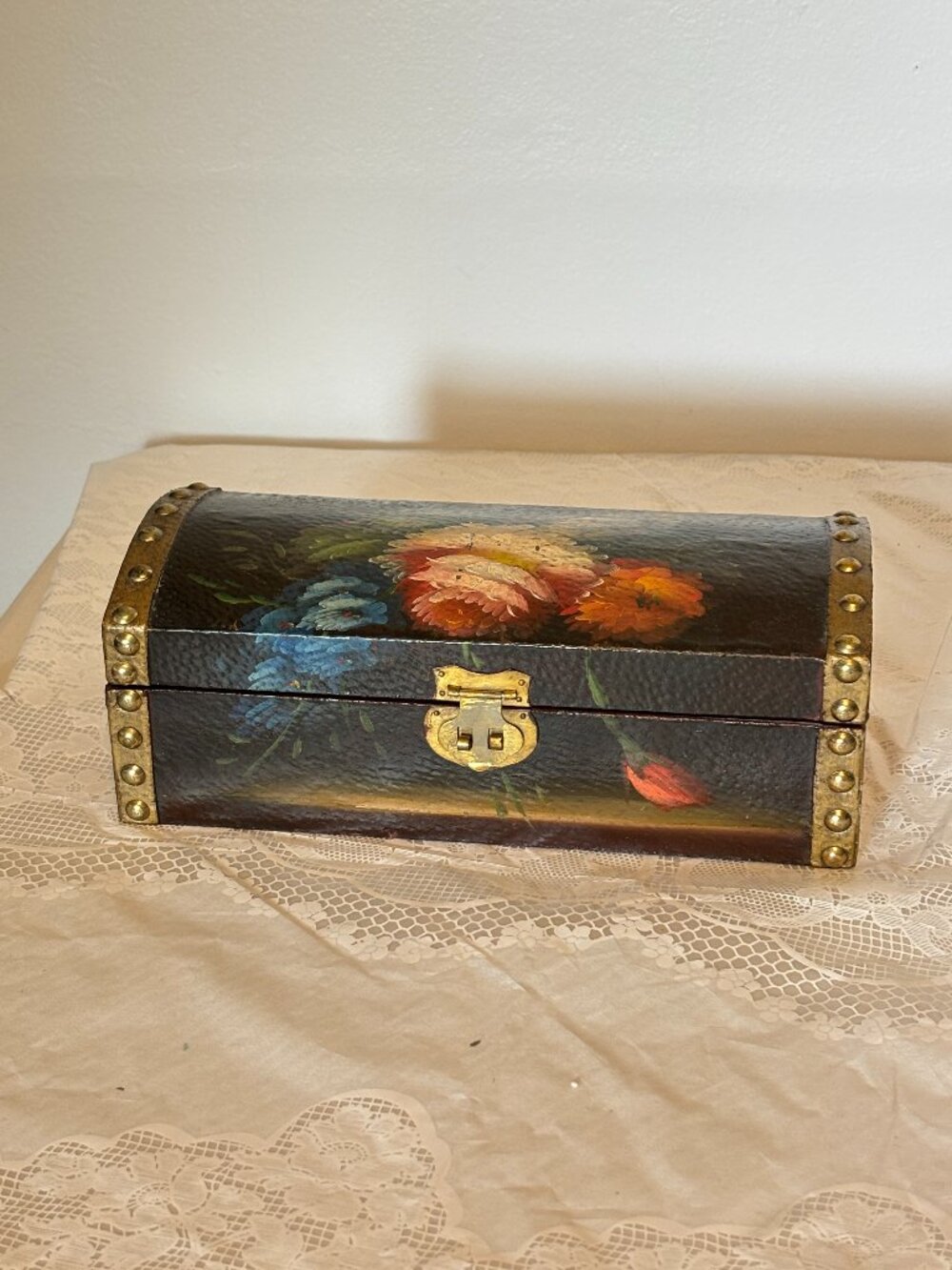 VTG wood faux brown leather rectangular jewelry box hand painted florals French